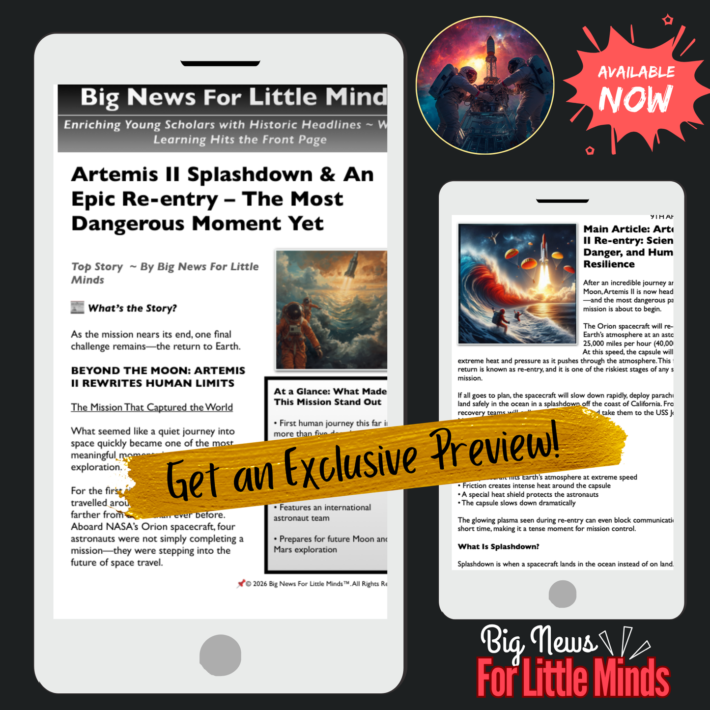 Artemis II Re-entry & Splashdown: Blazing Back to Earth: Kids Article Pack & Freebies!