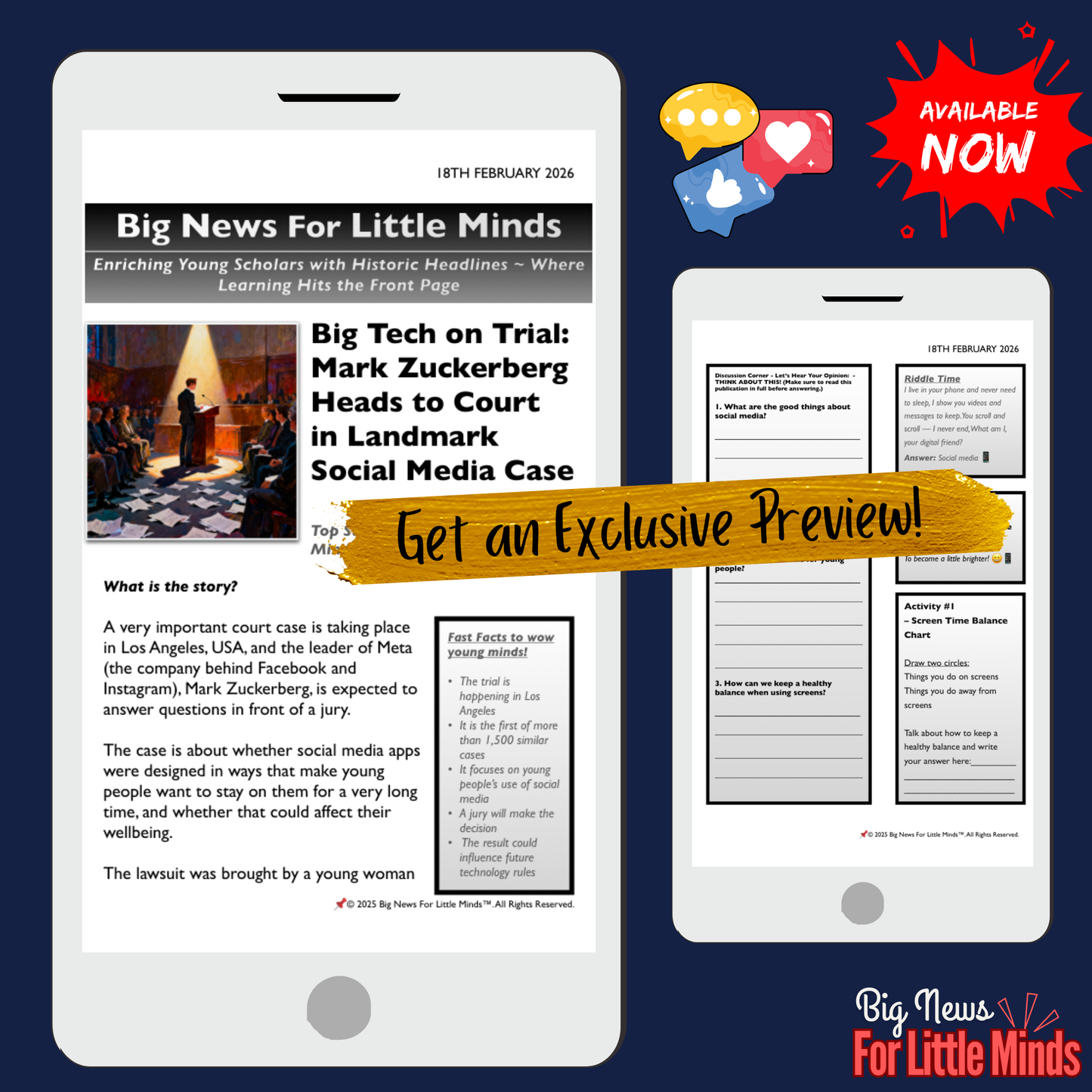 Mark Zuckerberg Heads to Court as Big Tech on Trial: Kids Article Pack!